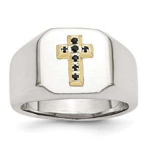 Stainless Steel 14k Gold Accent 1/15 Carat Blue Sapphire Cross Signet Ring (9)